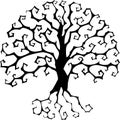 Druidic Yggdrasil tree, round gothic logo. Halloween style vector silhouette