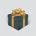 Vector realistic black gift box with gold ribbon and bow. Transparent background. - Illustration Royalty Free Stock Photo