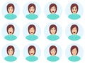 Set of woman`s emotions. Cute brunette facial expression. Girl avatar. Flat design vector illustration of different facial express Royalty Free Stock Photo