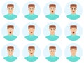 Avatars with expressions and emotions. Young man wint twelve facial expressions Man with 8 expression. Joy, laughter, sorrow, sadn Royalty Free Stock Photo