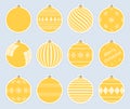 Magic, yellow christmas balls stickers isolated on gray background. High quality vector set of christmas baubles.