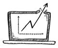 Cartoon style doodle of notebook with data graph popping out of the monitor. Hand drawn doodle vector illustration.