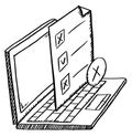 Sketch style laptop and survey with one correct and two incorrect marked answers. Black and white illustration.