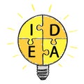 Cartoon style doodle of idea bulb made from puzzles. Hand drawn doodle vector illustration. Royalty Free Stock Photo