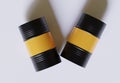 Drum Container oil industry. Gold and black barrels with oil drop label