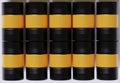 Drum Container oil industry. Gold and black barrels with oil drop label