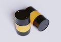 Drum Container oil industry. Gold and black barrels with oil drop label