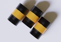 Drum Container oil industry. Gold and black barrels with oil drop label