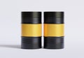 Drum Container oil industry. Gold and black barrels with oil drop label