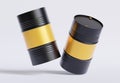 Drum Container oil industry. Gold and black barrels with oil drop label