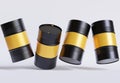 Drum Container oil industry. Gold and black barrels with oil drop label