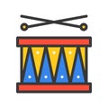 Drum with drumsticks vector icon, filled outline style editable