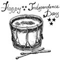 Drum with drumstiks, American symbol, forth of july, Hand drawn sketch, text happy independence day, on white