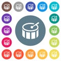 Drum flat white icons on round color backgrounds