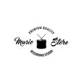 Drum icon. Music stire logo label. Premium quality inscription. Musical instrument. Vector. Royalty Free Stock Photo