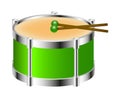 Drum instrument in green colour with drumsticks