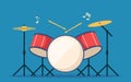 Drum kit. Percussion musical instrument. Red drums, stick and cymbal. Flat style vector illustration Royalty Free Stock Photo