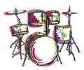 Drum kit with splashes in watercolor style