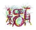 Drum kit with splashes in watercolor style.