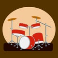 Drum kit on a Stage. Drums, Musical instruments Set in Flat Cartoon style. Vector Percussion illustration. Graphic Design for T-