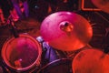 Drum kit on stage in the spotlight color. Royalty Free Stock Photo