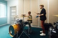 Drum lesson with a teacher. Music school.
