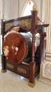 drum made of cow leather with calligraphy on the support. example of a drum in a mosque.