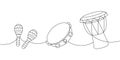 Drum musical instruments one line continuous drawing. Djembe drum, bongo, maracas continuous one line illustration