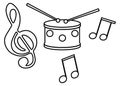 Drum with notes and treble clef, illustration for children, black and white, isolated.