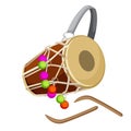 Drum percussion instrument double-headed dhol and wooden sticks vector Royalty Free Stock Photo