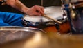 Drum player, musician man recording music on drum set in studio. Royalty Free Stock Photo