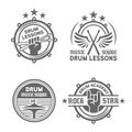 Drum school or drum lessons vector vintage emblems