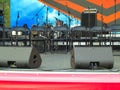 Drum Set with amplifiers and speakers on stage before live Concert Royalty Free Stock Photo