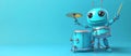 A drum set is being played by a cheerful robot drummer who is situated in front of a backdrop that is a vibrant blue color Royalty Free Stock Photo