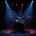 Drum Set On Club Podium Stage, Ready For Music Rock Concert, Music Performance, Neon Colors Spot Lights, Generative AI