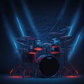 Drum Set On Club Podium Stage, Ready For Music Rock Concert, Music Performance, Neon Colors Spot Lights, Generative AI