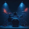 Drum Set On Club Podium Stage, Ready For Music Rock Concert, Music Performance, Neon Colors Spot Lights, Generative AI