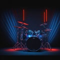 Drum Set On Club Podium Stage, Ready For Music Rock Concert, Music Performance, Neon Colors Spot Lights, Generative AI Royalty Free Stock Photo