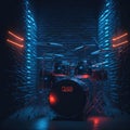 Drum Set On Club Podium Stage, Ready For Music Rock Concert, Music Performance, Neon Colors Spot Lights, Generative AI Royalty Free Stock Photo