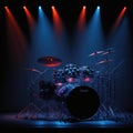 Drum Set On Club Podium Stage, Ready For Music Rock Concert, Music Performance, Neon Colors Spot Lights, Generative AI Royalty Free Stock Photo