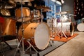 Drum set display at processional percussion musical instruments shop Royalty Free Stock Photo