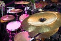 Drum set and music notes in concert studio Royalty Free Stock Photo