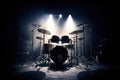 Drum set on stage for band with spot lighting spotlight, dark background. Generative AI