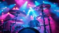 Drum Set on Stage with Colorful Stage Lighting. Musical Instruments and Concert Performance, 91. Royalty Free Stock Photo