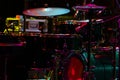 drum set on stage in a concert hall. Large-sized photo with soft change selectivity. Vintage live music background