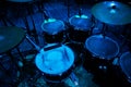 drum set on stage in a concert hall. Large-sized photo with soft change selectivity. Vintage live music background