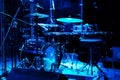 drum set on stage in a concert hall. Large-sized photo with soft change selectivity. Vintage live music background