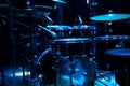 drum set on stage in a concert hall. Large-sized photo with soft change selectivity. Vintage live music background