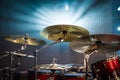 drum set on stage and light background; empty stage with instruments ready for performance Royalty Free Stock Photo