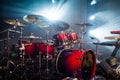 drum set on stage and light background; empty stage with instruments ready for performance Royalty Free Stock Photo